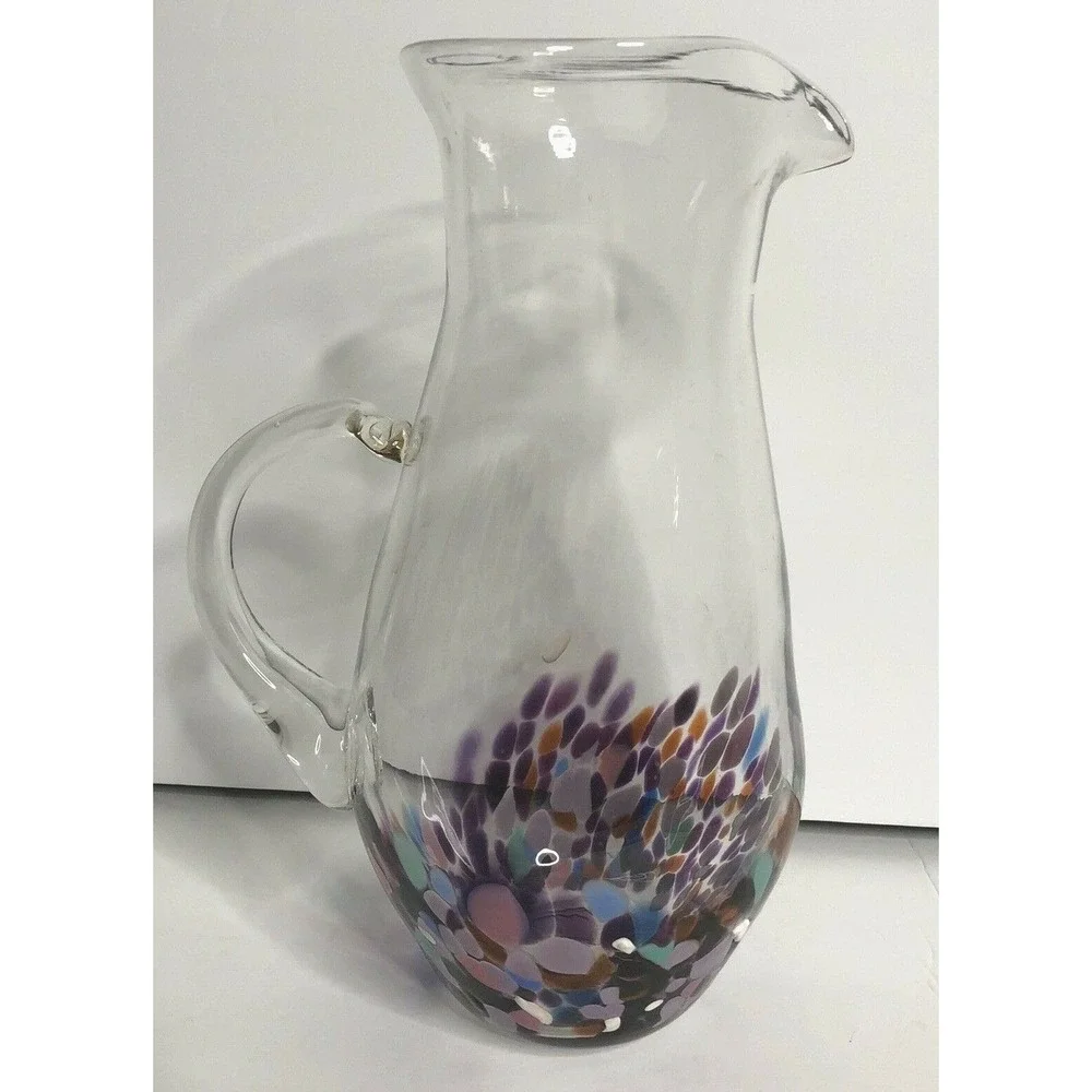 Hand Blown Art Glass Pitcher Purple Confetti Dot 10